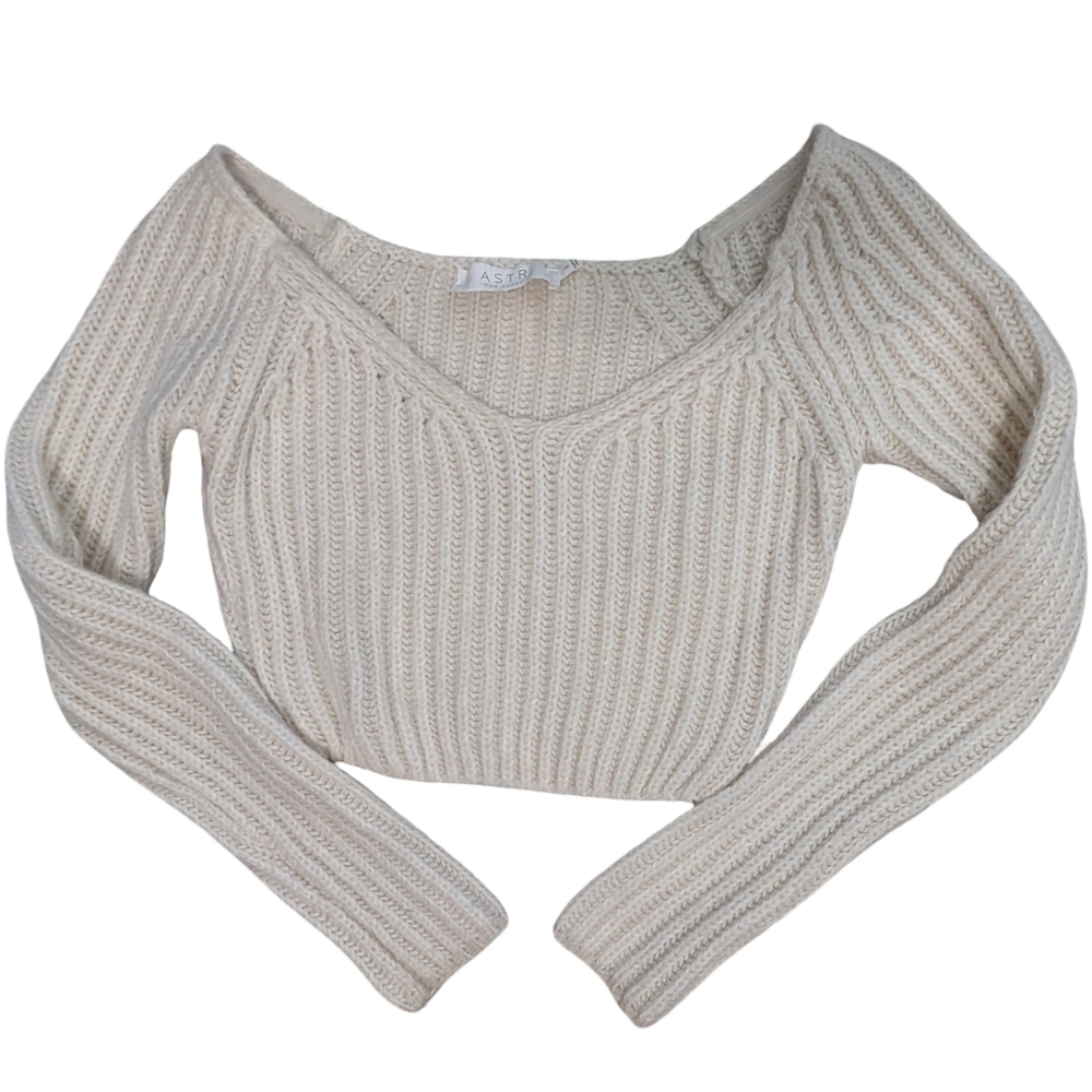 ASTR THE LABEL Mallory Off Shoulder Cream Ribbed Knit Sweater Crop Top  Small - Picture 5 of 11
